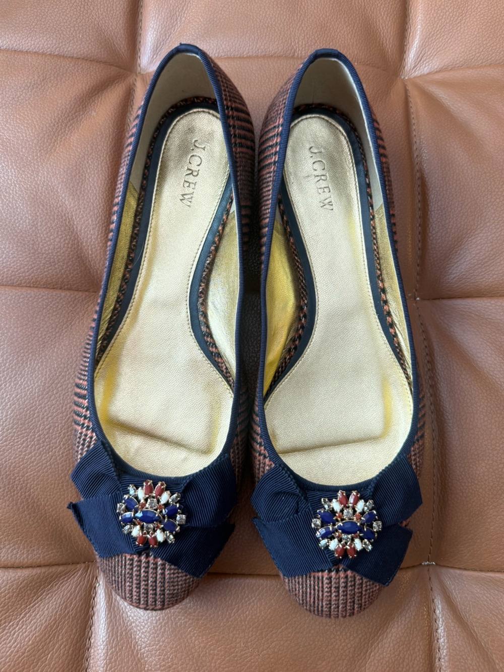 J. Crew Navy and Brown Embellished Ballet Flats